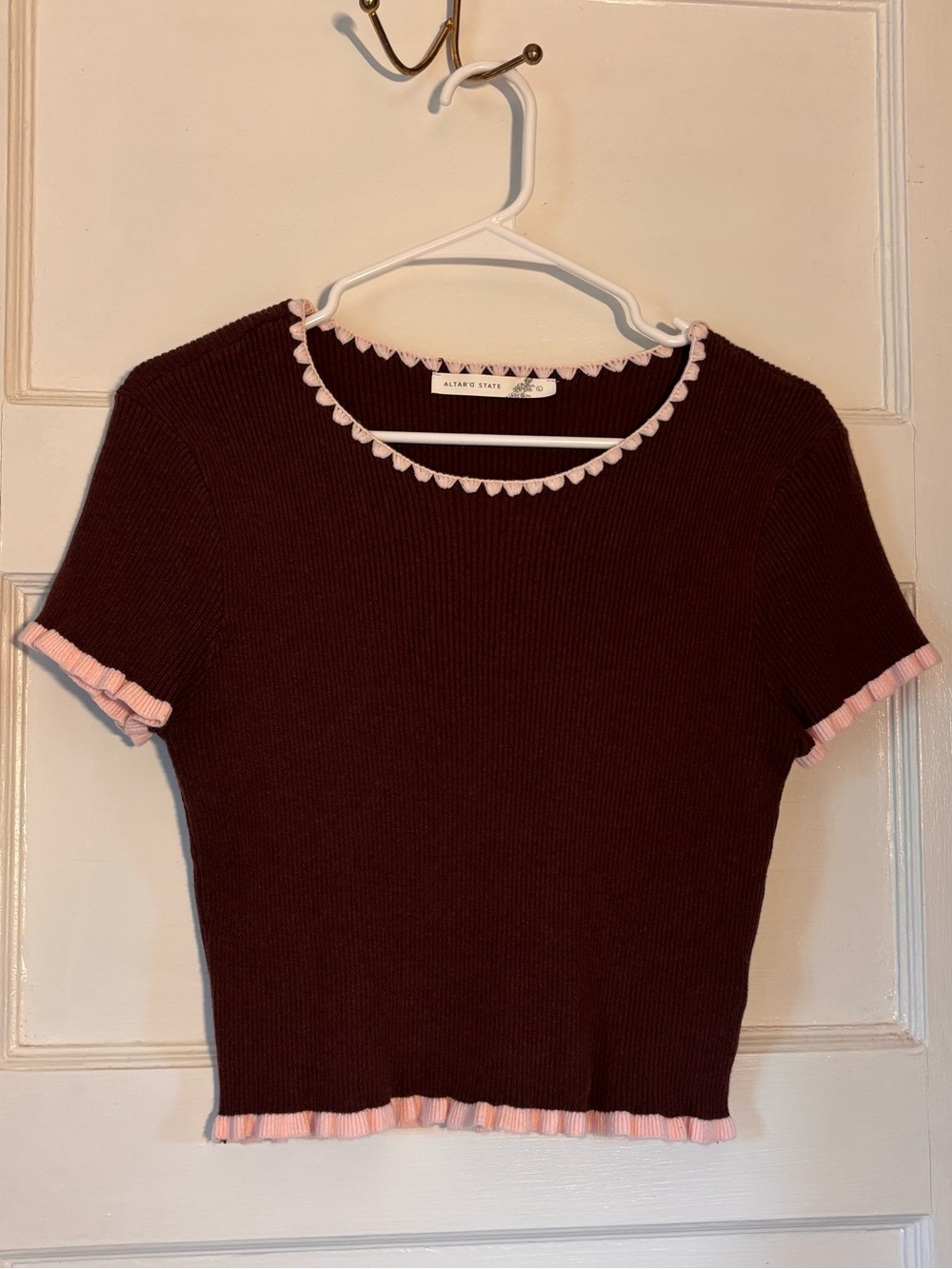 Altar'd State Brown Ribbed Crop Top with Pink Trim